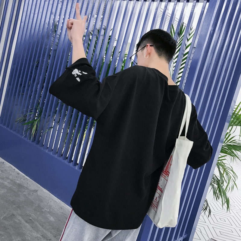 夏款男士短袖T恤韩版潮刺绣七分袖男中袖体恤宽松上衣学生中袖