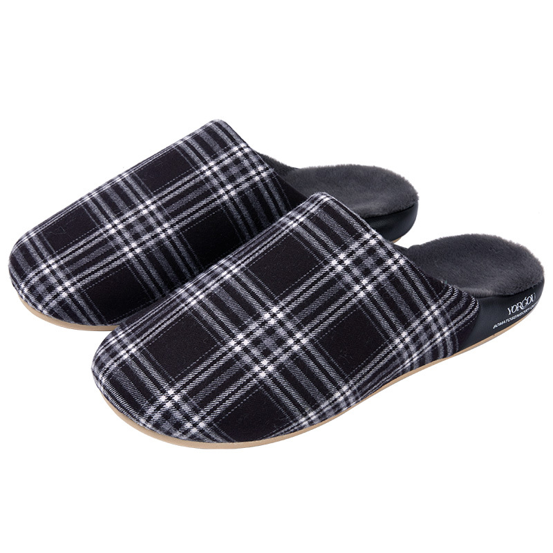 远港男士格子布棉拖鞋秋冬季居家用室内保暖软底防滑加绒拖鞋冬天