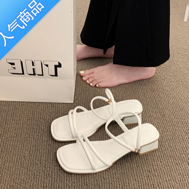 SUNTEK高跟凉鞋女款夏季2023新款时尚一字带法式配裙粗跟罗马鞋两穿凉拖高清大图