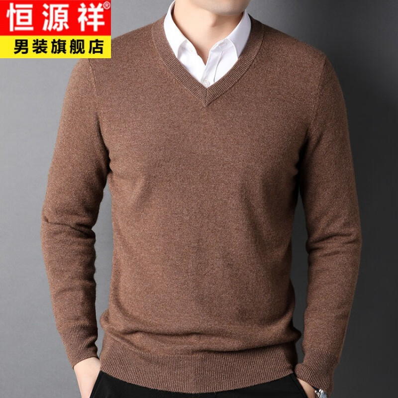 恒源祥纯羊绒衫男v领毛衣冬季新款中年纯山羊绒套头针织衫男