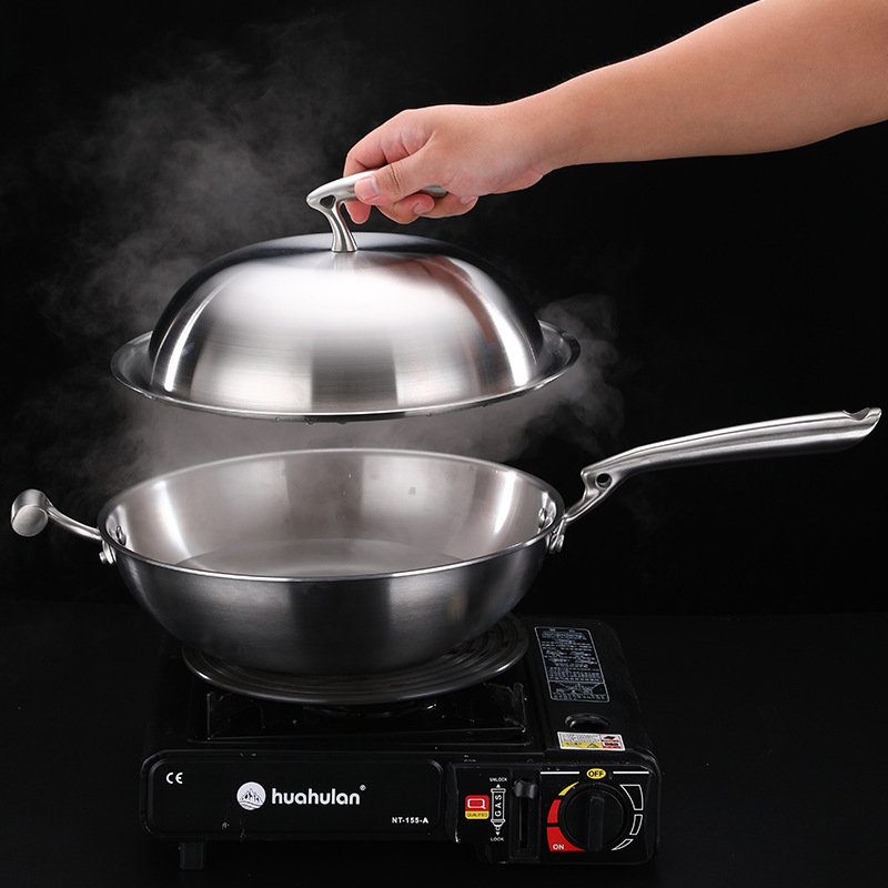 316无涂层不粘炒锅厨房煤气炉不锈钢炒锅复合多层底炒锅烹饪伊麦卡32