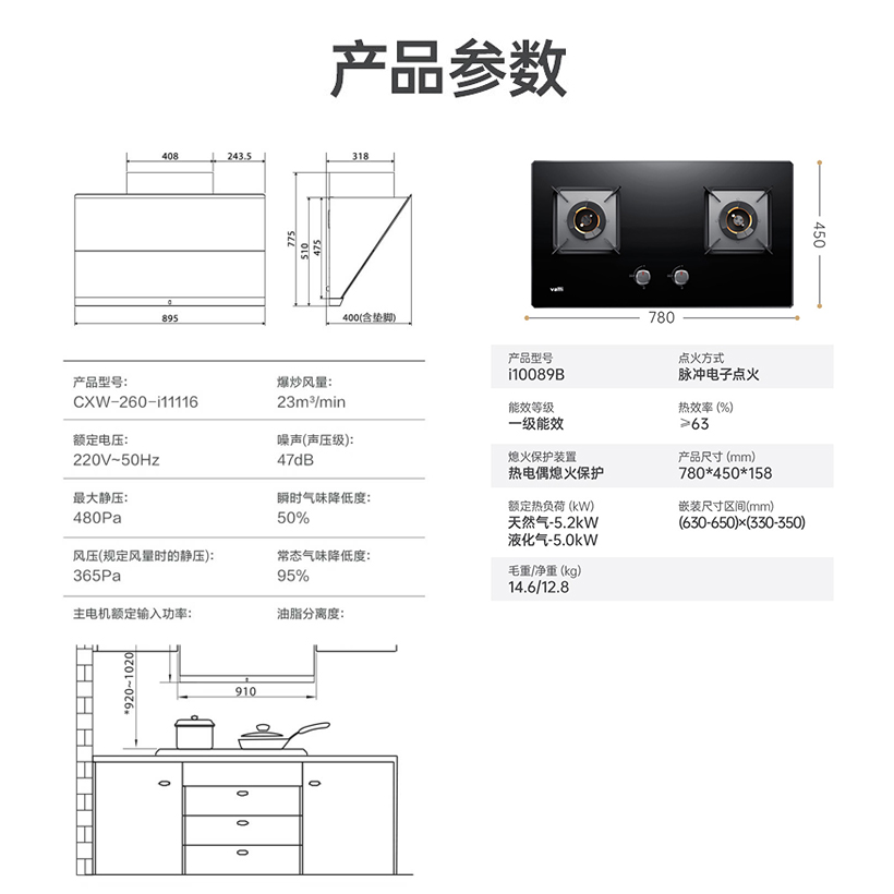 华帝(vatti)23m³吸力烟灶套餐顶侧双吸天然气抽油烟机燃气灶具挥手自动洗5.2kW大火灶i11116+89B高清大图