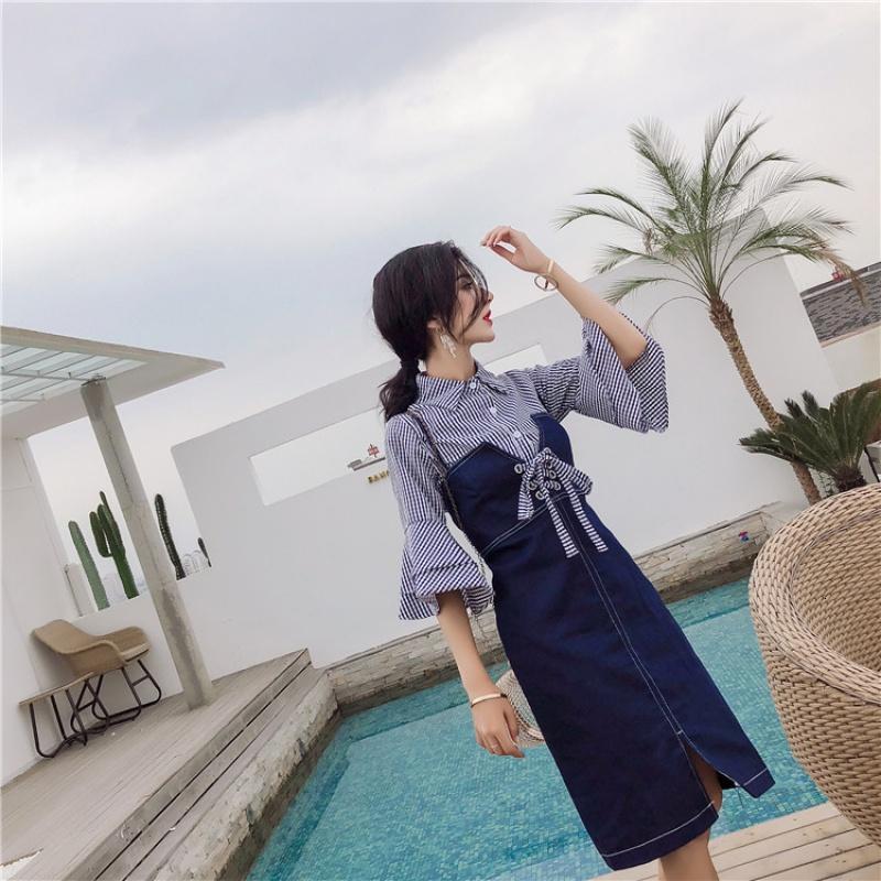 带小清新套装女夏2018新款牛仔连衣裙时尚喇叭袖格子衬衫两件套