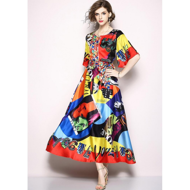 欧美18春夏新款女装优雅涂鸦头像字母印花喇叭袖长裙时尚连衣裙