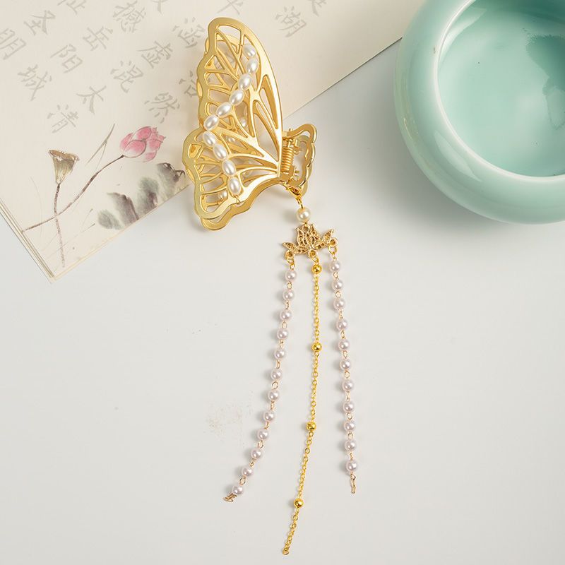 汉服蝴蝶发夹复古珍珠流苏头饰后脑勺抓夹古风配汉元素日常发饰品珍珠