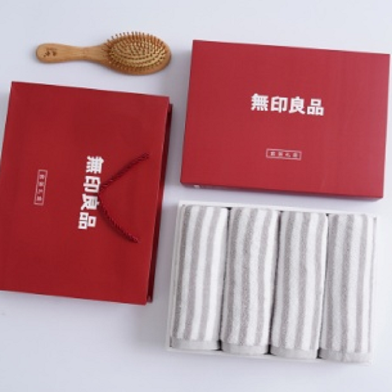 無印良品A类纯棉条纹相间亲肤舒适毛巾(四条盒装) MJ-zu0636 灰色