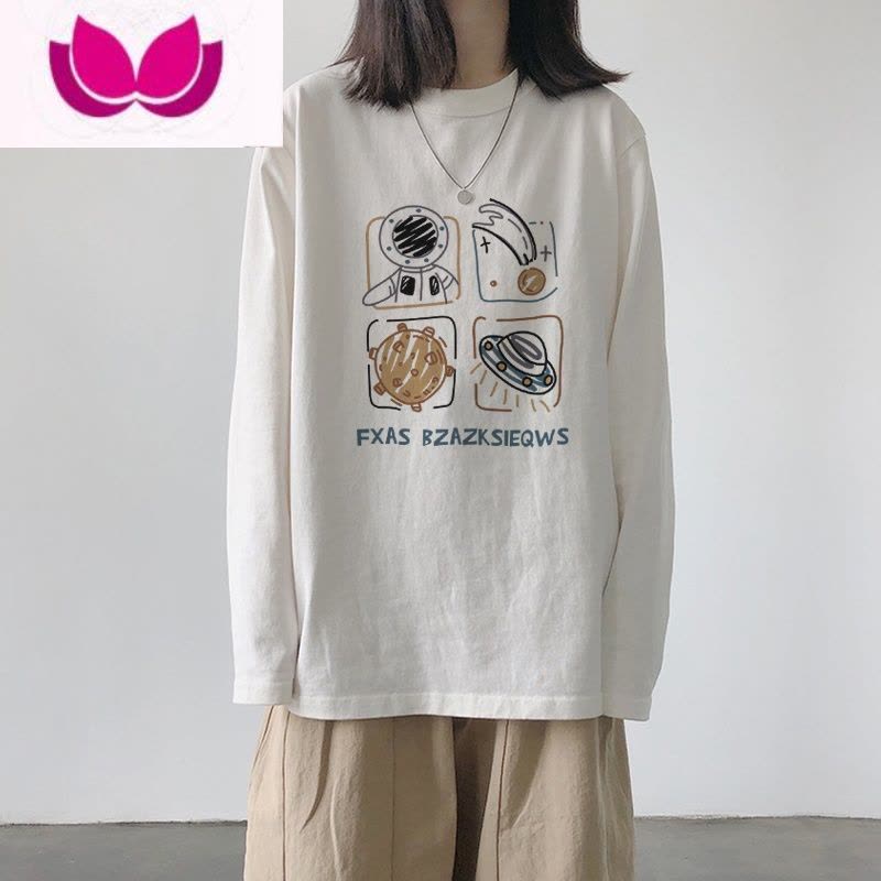 七斓白色长袖t恤女2023新款春装叠穿上衣宽松学生内搭薄款打底衫图片