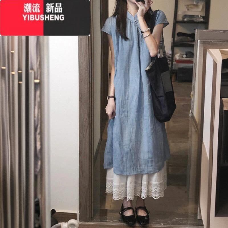 YIBUSHENG新中式轻国风蓝色连衣裙子季2024新款女装改良旗袍长裙叠穿套装图片