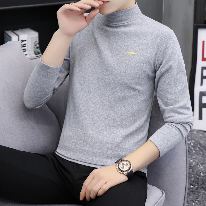 yuansu半高领打底衫男秋冬季印花棉修身百搭秋衣色青年上衣长袖t恤