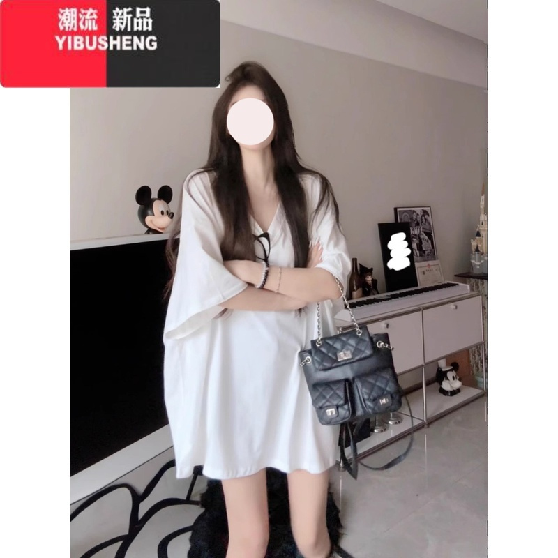 YIBUSHENG大码女装白色慵懒风T恤女季胖mm宽松遮肚V领短袖上衣休闲体恤