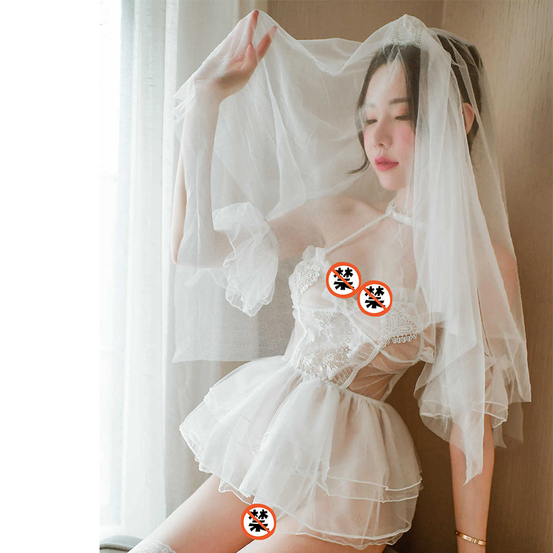 女士情趣内衣套装新娘性感蕾丝婚纱诱惑透视连衣裙女性免脱开档破洞露乳吊带丁字内裤长筒白丝袜透明女式情趣睡衣长夜漫漫成人用品 头饰+连衣裙+丁字裤 均码
