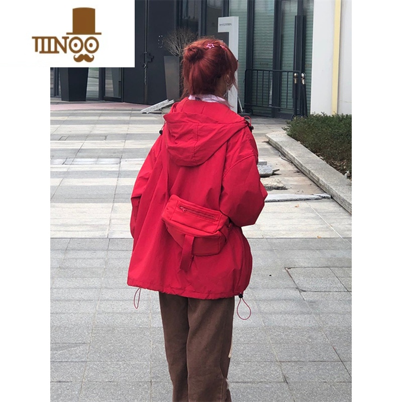 YANXU美式街头红色防水冲锋衣男女开衫运动拉链潮牌夹克刺绣防风衣外套高清大图