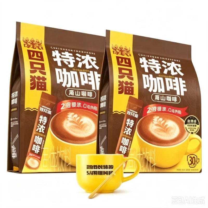 四只猫特浓咖啡30条×2袋装 三合一速溶云南咖啡 赠黄白陶瓷杯