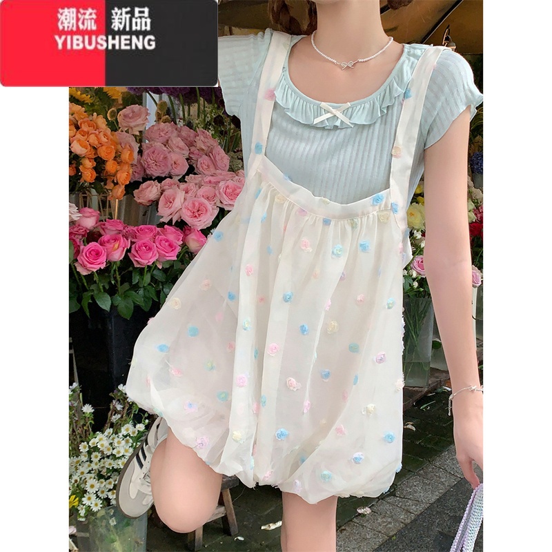 YIBUSHENG甜美波点吊带短裙季学院风新款显瘦减龄多巴胺穿搭花苞连衣裙女