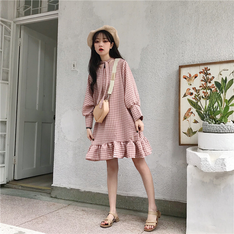春秋女装韩版宽松显瘦格子绑带灯笼袖中长款长袖连衣裙打底裙长裙