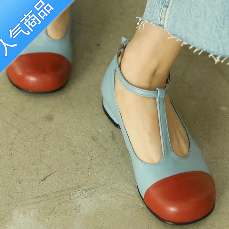 SUNTEK2023新款复古圆头撞色一字扣带单鞋女百搭拼色低跟玛丽珍鞋乐福鞋高清大图