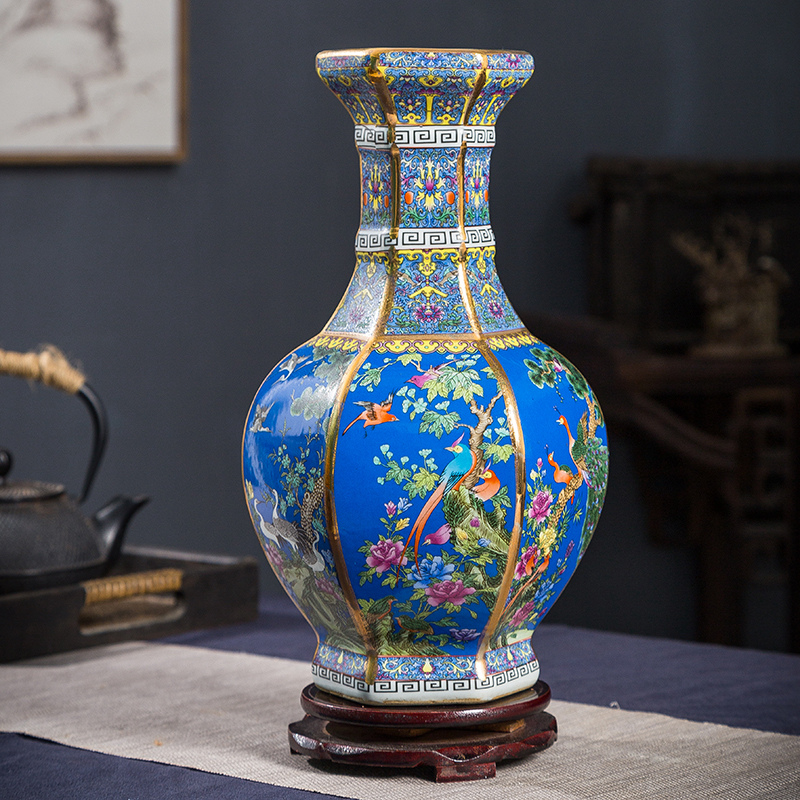 景德镇陶瓷器珐琅彩新中式客厅装饰品插花玄关仿古董摆件干花花瓶 三维工匠 橘红色小号高清大图