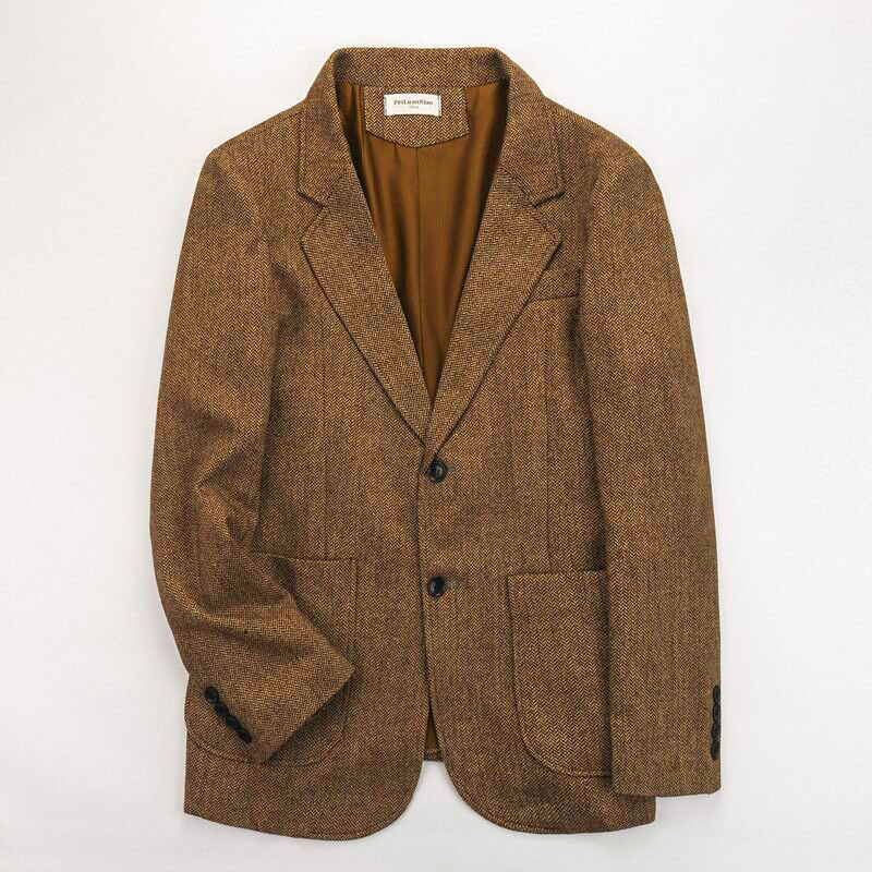 英伦粗花呢男毛呢外套棕色毛tweed西服人字纹秋冬修身西装毛呢大衣