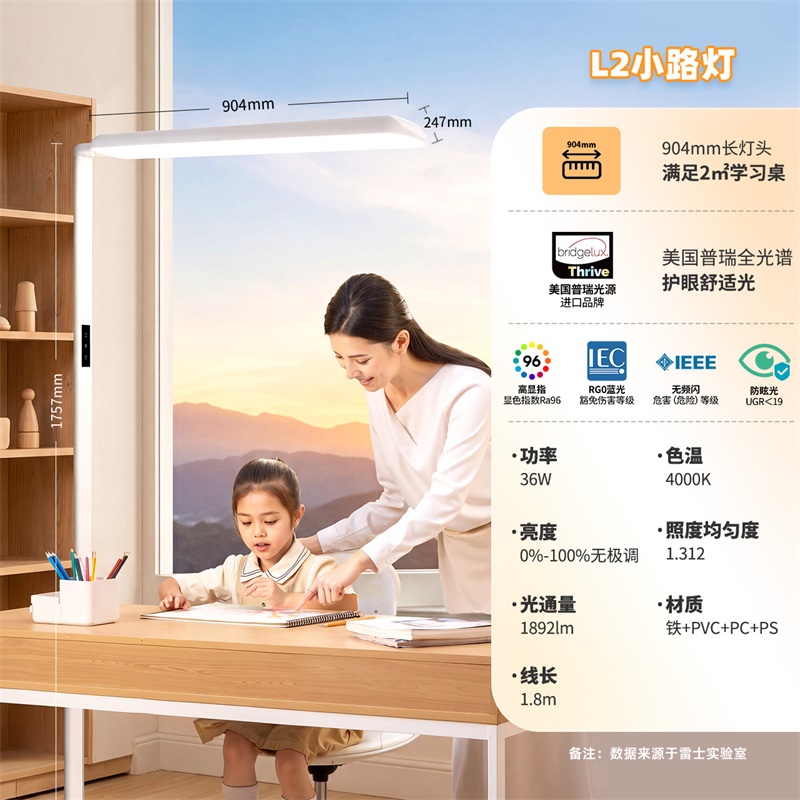 雷士照明全光谱大路灯学习专用儿童阅读灯写字灯落地护眼台灯立式 L2小路灯-36W-普瑞灯珠