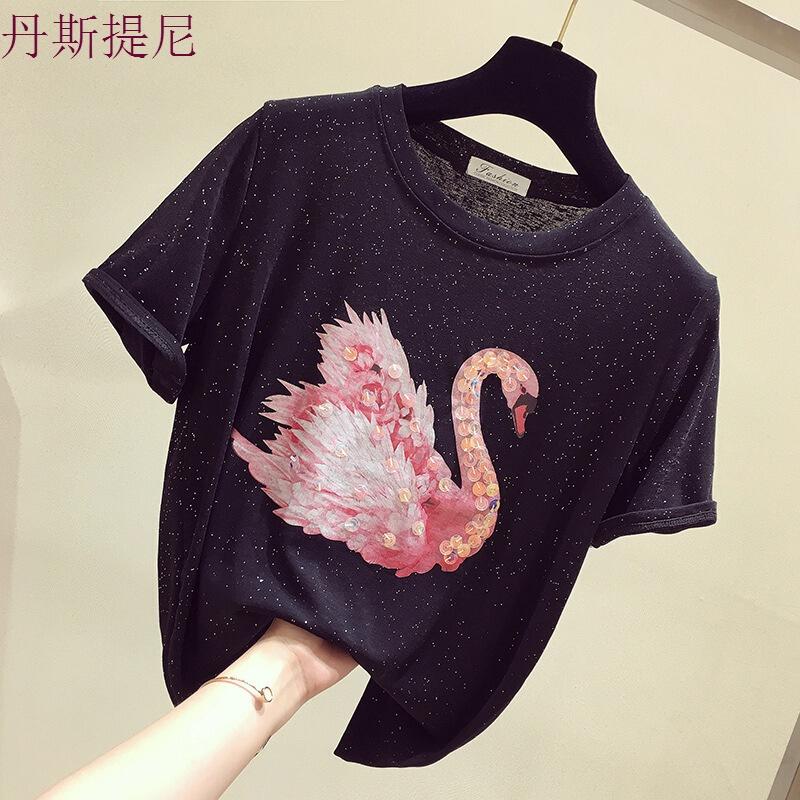 黑色T恤女夏短袖2018新款韩范宽松亮片半截粉色体恤ins超火的上衣