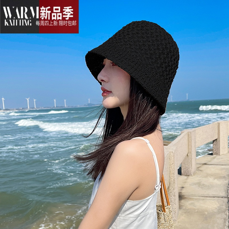 shanchao夏季小边渔夫帽女遮阳素颜遮脸盆帽日系短檐透气针织水桶帽子