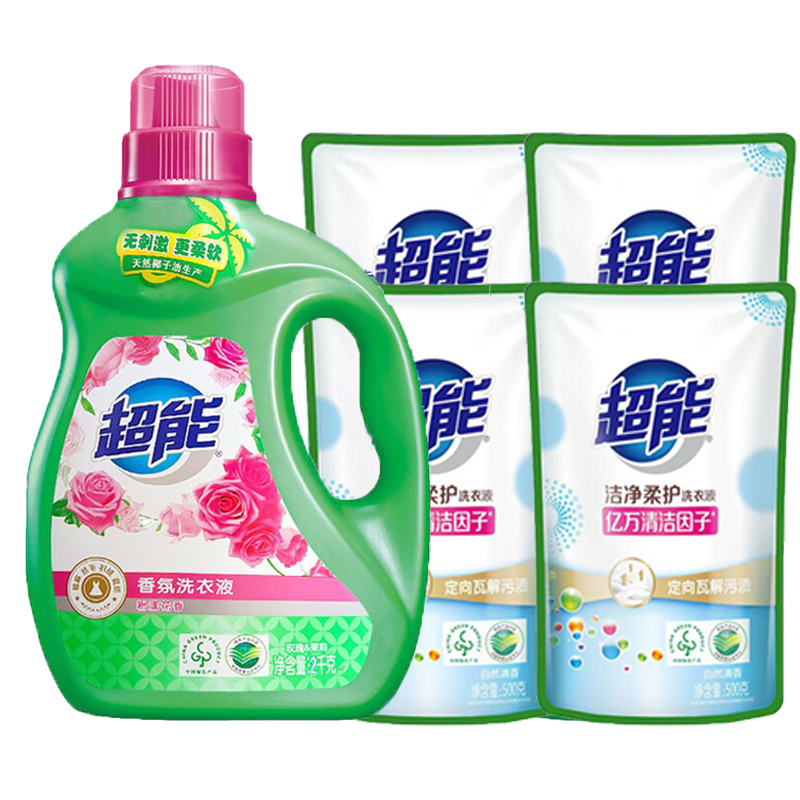 超能洗衣液洁净深层去污低泡易漂持久留香家用实惠装 香氛洗衣液2kg+洁净柔护洗衣液500g*4袋