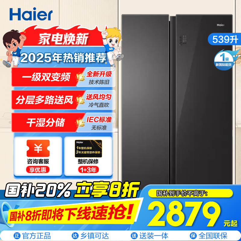 海尔(Haier)539升对开门嵌入冰箱 彩晶一级变频 阻氧干湿分储 DEO净味家用 BCD-539WGHSSE5SL