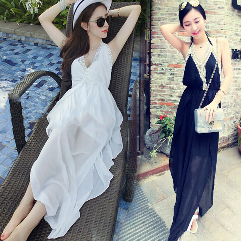 显瘦沙滩裙性感深V带海边度假海滩裙2018夏装雪纺挂脖露背长裙