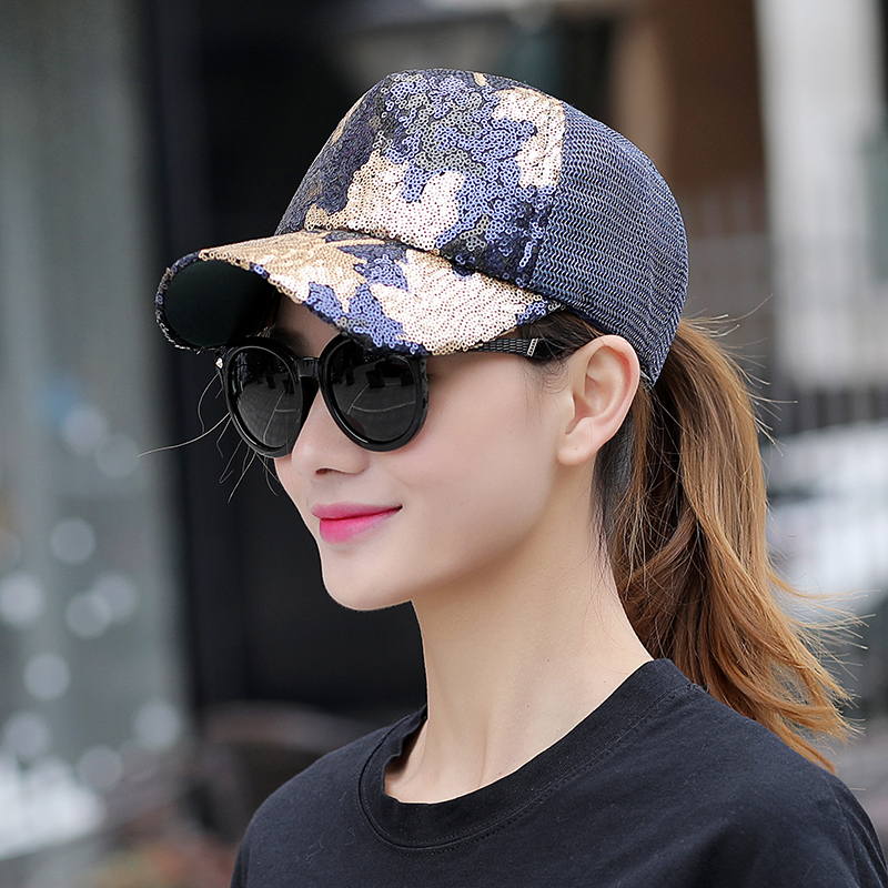 盛世尼曼帽子女夏天韩版潮百搭棒球帽时尚鸭舌帽亮片网帽旅游防晒帽