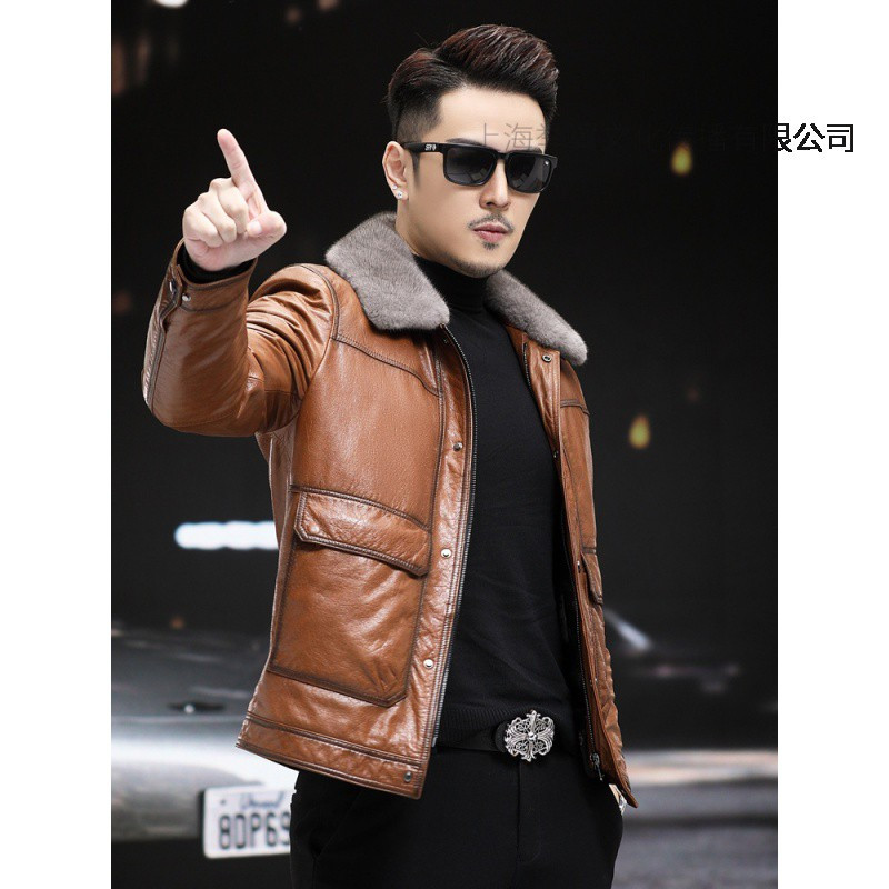 举翼王子海宁真皮皮衣男头层牛皮油蜡短款修身羽绒内胆皮夹克灰貂领