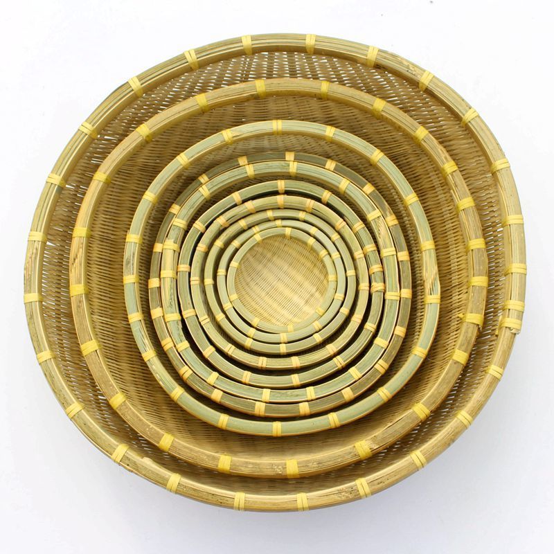 竹编筲箕手工青蔑圆形筲箕簸箕沥米家用洗菜竹皮竹筐果盘收纳晾晒