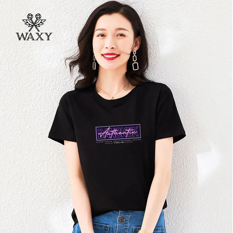WAXY艺术设计字母印花短袖女T恤ins风外穿高档气质体恤遮肉潮流新