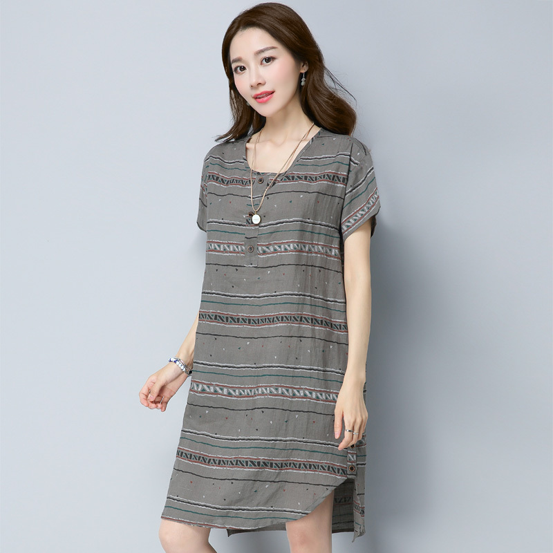 女士春夏新品棉麻短袖条纹连衣裙矮个子显瘦个性休闲裙显瘦女装