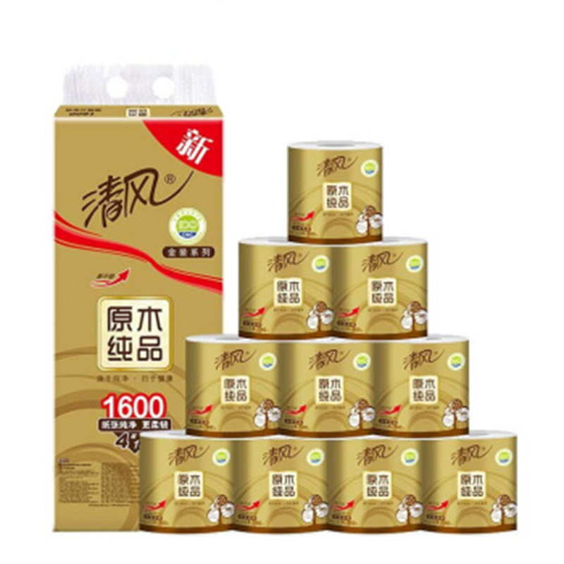 清风原木纯品纸金装4层有芯卷纸 10卷(21173箱起订,低于起订量不发货)