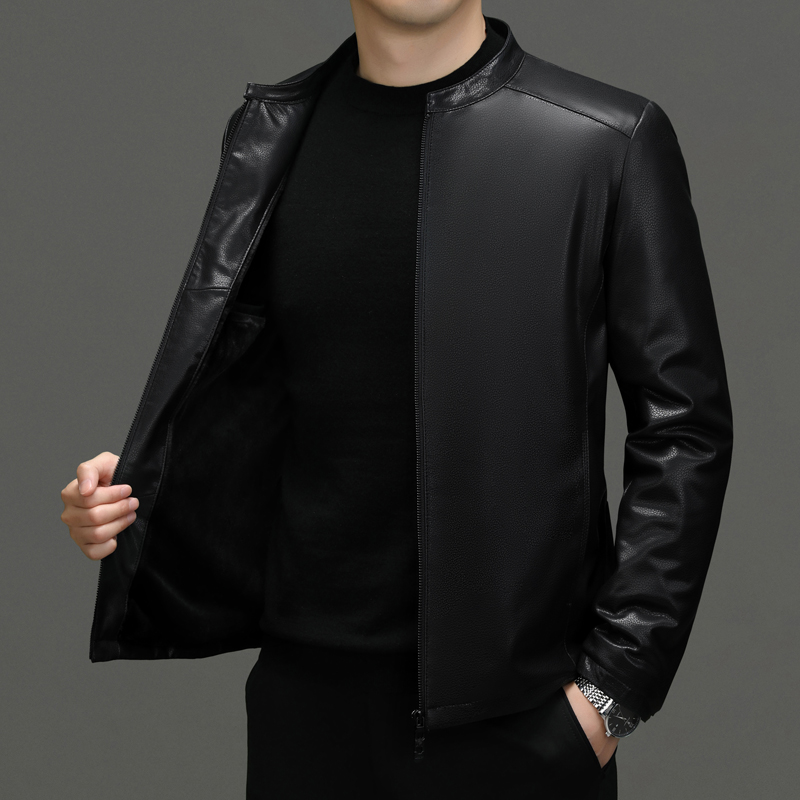 100纯羊皮头层真皮皮衣男加绒加厚皮夹克绵羊皮机车海宁头层春秋季外套男士真皮头层皮纯皮外套中年皮夹克男高清大图