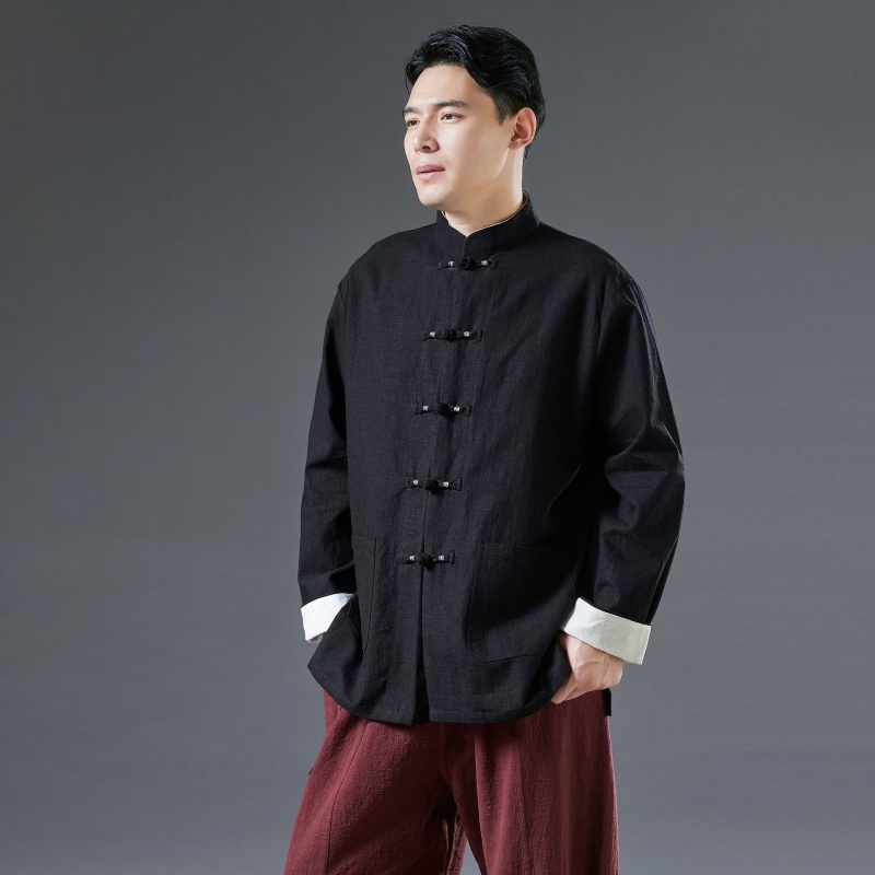 举翼王子新款春季复古中国风盘扣唐装宽松休闲上衣挽袖上衣 M 黑色