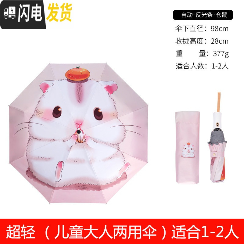 三维工匠儿童雨伞女男全自动折叠小学生中学生恐龙卡通可爱晴雨两用太阳伞 卡通仓鼠（全自动+晴雨两用+安全反光条）