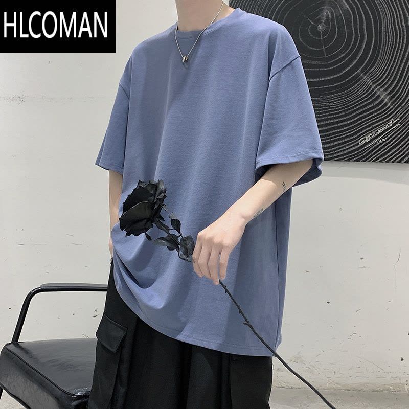 HLCOMAN短袖男潮牌简约百搭ins宽松港风t恤打底衫半袖夏季纯色体恤五分袖图片