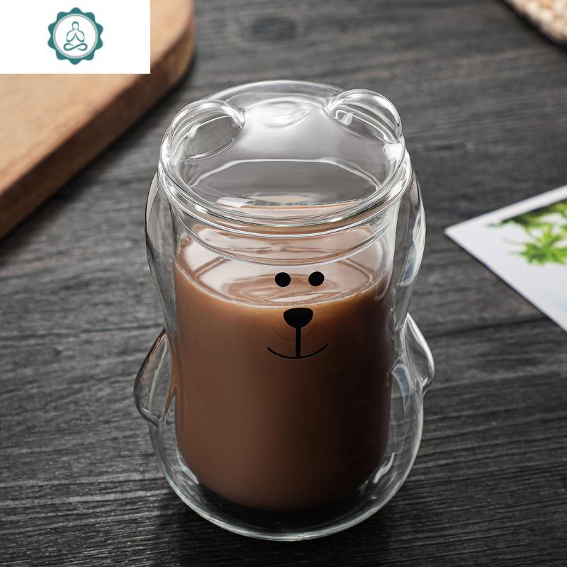 玻璃水杯个性咖啡杯耐热牛奶杯果汁杯带盖隔热杯子 封后 双层透明熊