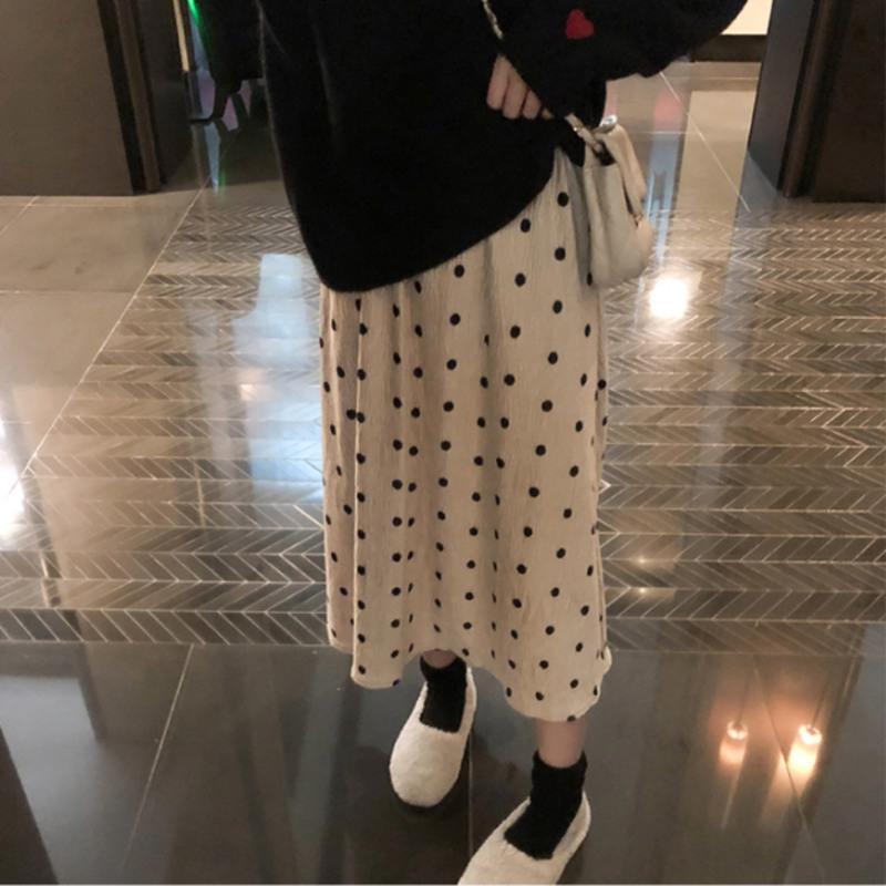 孕妇裙子春秋2021新款孕妇波点孕妇半身裙女中长款托腹A字裙长裙 黑色[丝绒百褶裙] M