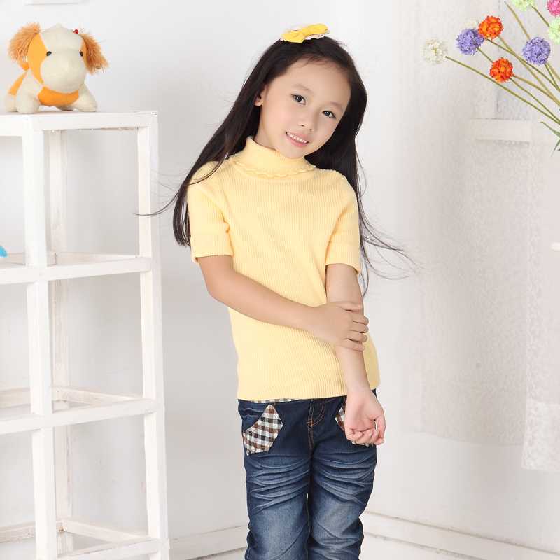 AITYAKU日本婴童服装女童针织羊毛衫14my小中大童上衣荷叶边提花设计幼儿宝宝短袖线衣罗纹袖口毛衣潮款