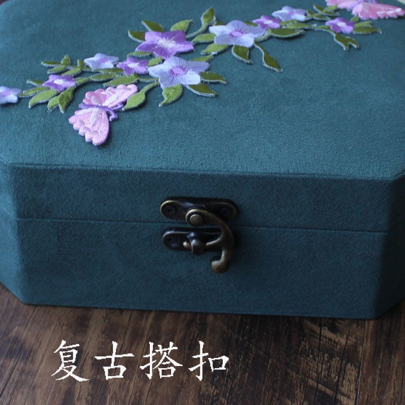 复古八角首饰盒中式刺绣饰品收纳盒古典手镯盒双层绒布戒指项链盒 竹报平安