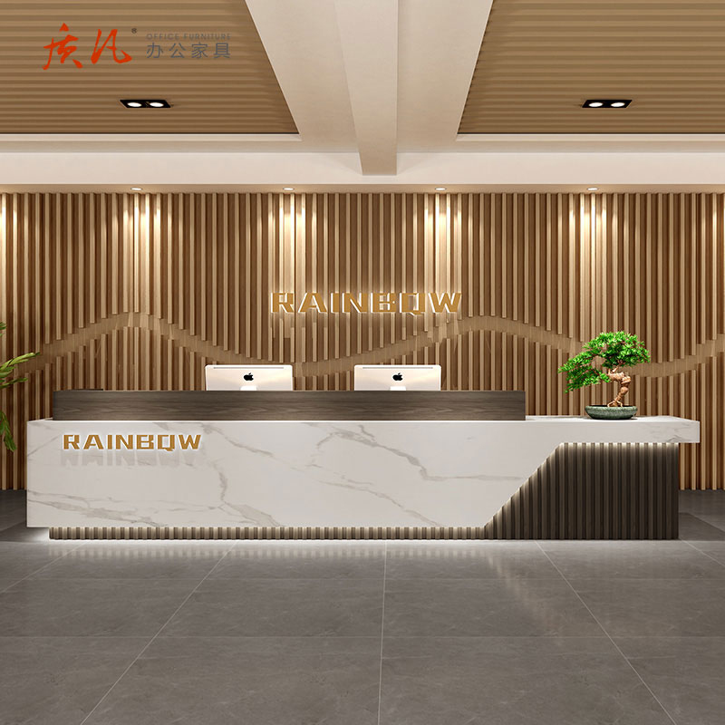 质凡公司前台接待台酒店培训机构吧台桌收银台 阿玛尼灰+原木色7000*600*1000mm高清大图