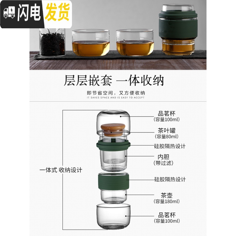 三维工匠玻璃旅行茶具套装便携包随身一壶二杯功夫茶杯飘逸杯泡茶壶 A-300二代fashion灰(一壶二杯)配送茶巾旅行罐