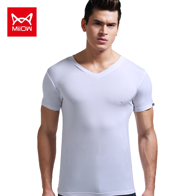 猫人莫代尔夏季紧身男士短袖v领t恤纯色背心体恤修身运动打底汗衫