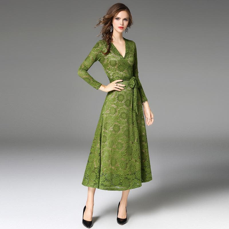 2017秋季新款长袖修身V领系带收腰显瘦蕾丝连衣裙长裙礼服女图片