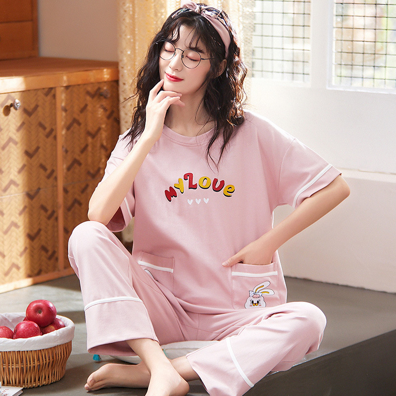 睡衣女夏季棉质新款短袖长裤网红风可爱卡通宽松家居服套装可外穿