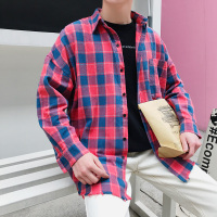 原创港风bf风情侣格子衬衫2018春夏新款男士长袖衬衣宽松打底衫