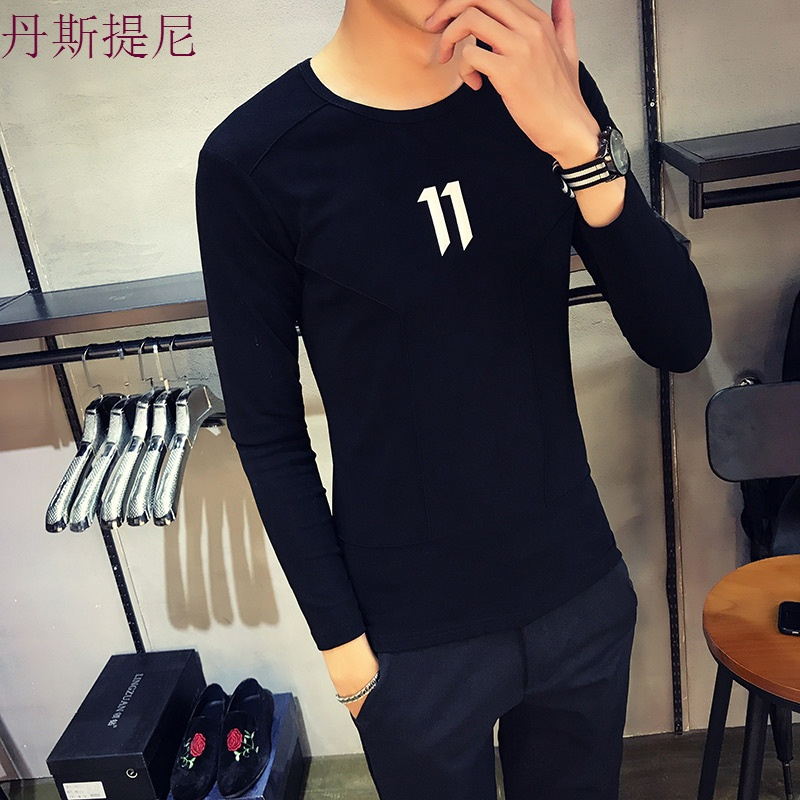 秋季男士长袖T恤韩版圆领打底衫字母印花潮学生衣服男装秋装上衣