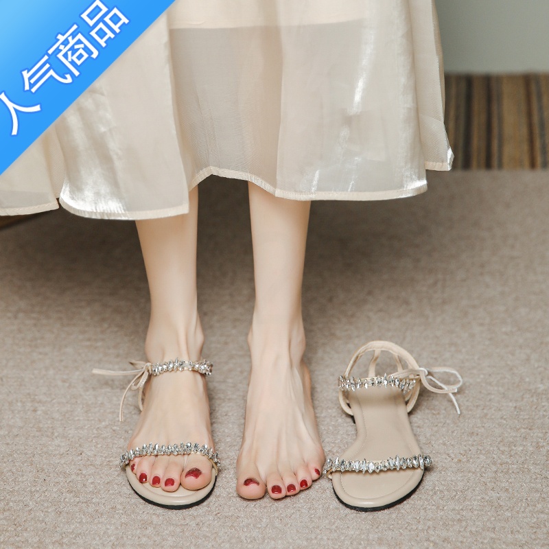 SUNTEK法式小众高级感不灵不灵的凉鞋女款夏季水钻仙女风平底配裙子的配高清大图